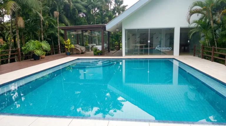 A mesma piscina com água azul e cristalina depois do tratamento